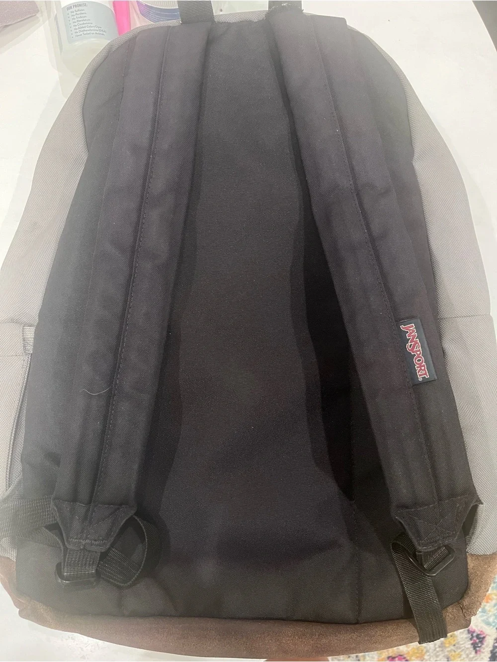Jansport Gray Backpack Brown Suede Base right pack back to school